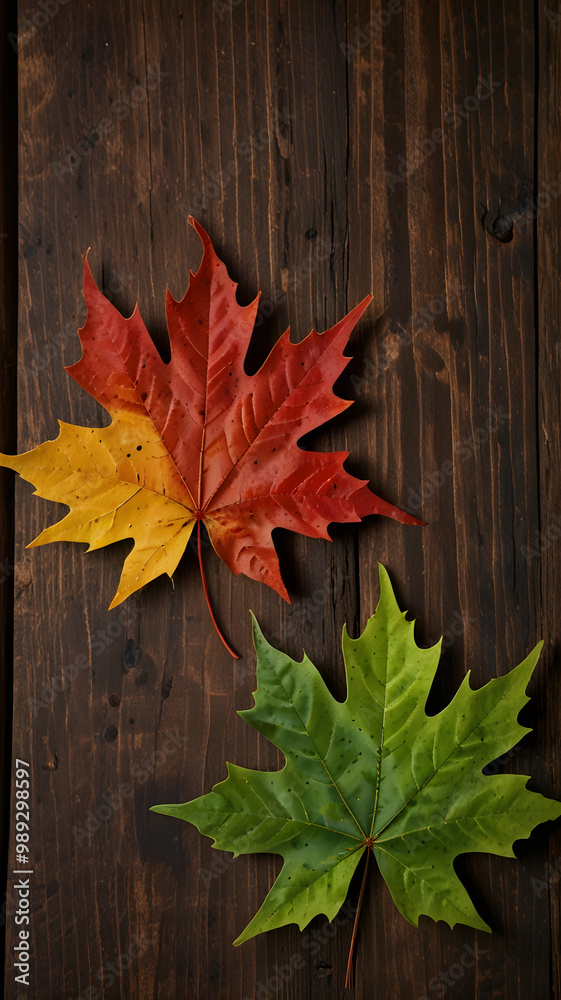 Some autumn fall maple leaves on a wooden background