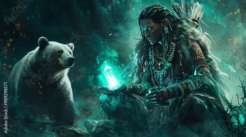 Shamanic Wisdom: Tribal Shaman with Glowing Crystal Staff and Spirit Guides, Protected by Bear Companion photo