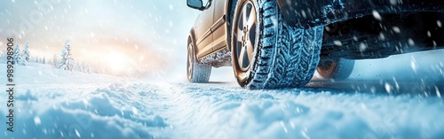 A vehicle travels on a snow-covered road while equipped with a winter tire for better grip