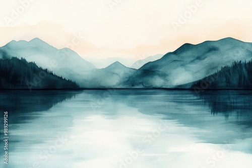 Serene Water Reflections in Tranquil Watercolor and Ink Painting