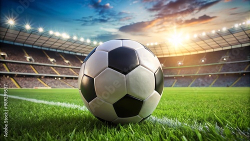 Soccer ball sitting on the grass in a large stadium at sunset