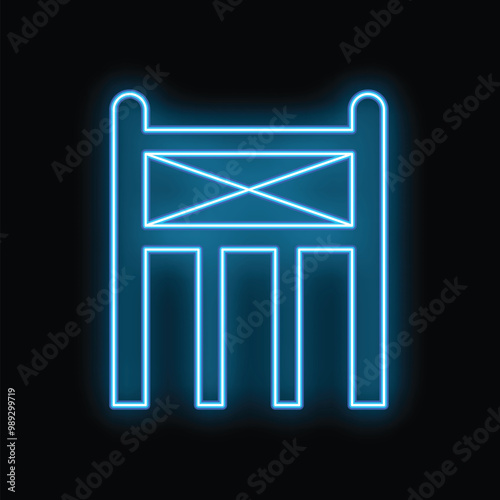 Blue neon sign showing a turnstile with four rotating arms and a cross on top on a black background