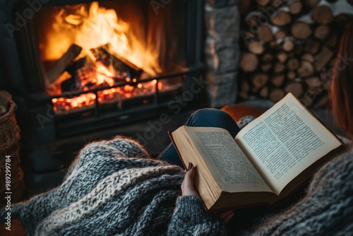 A person reading a book next to a fireplace, surrounded by cozy blankets