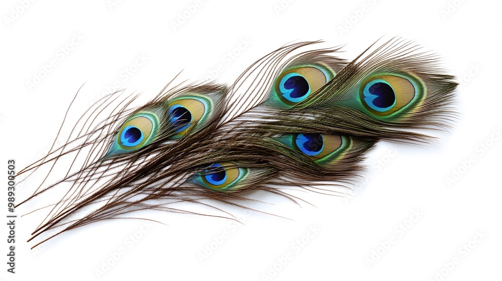Obraz premium Peacock Feather on White Background, Abstract Image, Texture, Pattern Background, Wallpaper, Cover and Screen of Smartphone, PC, Laptop, 9:16 and 16:9 Format