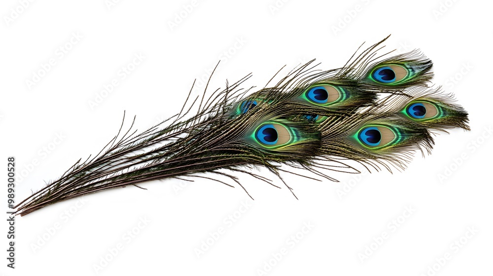 Naklejka premium Peacock Feather on White Background, Abstract Image, Texture, Pattern Background, Wallpaper, Cover and Screen of Smartphone, PC, Laptop, 9:16 and 16:9 Format