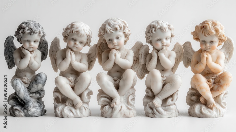 whimsical marble cherub statues in various playful poses isolated on white soft lighting enhancing details whimsical marble cherub statues in various playful poses isolated on white soft lighting enhancing details