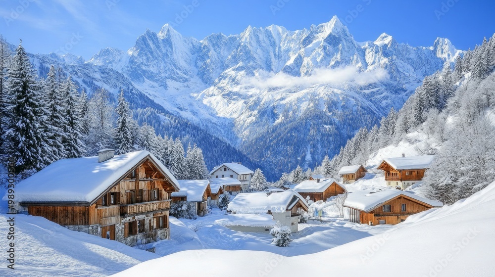 Fototapeta premium A small village nestled in the snowy Alps. 
