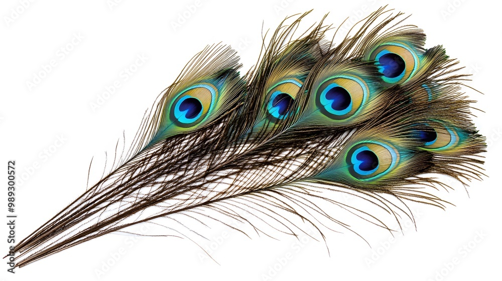 Obraz premium Peacock Feather on White Background, Abstract Image, Texture, Pattern Background, Wallpaper, Cover and Screen of Smartphone, PC, Laptop, 9:16 and 16:9 Format