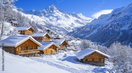 A small village nestled in the snowy Alps. 