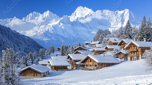 A small village nestled in the snowy Alps. 