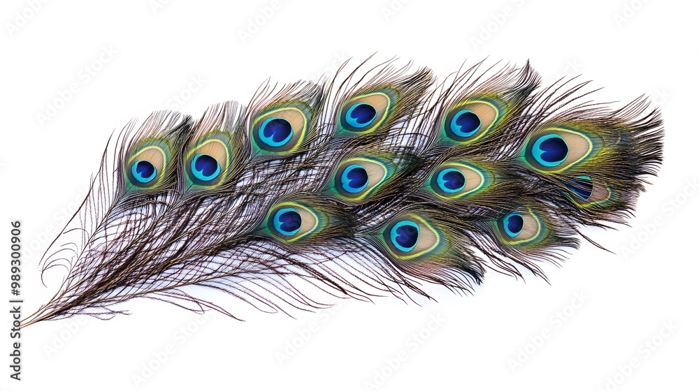 Obraz premium Peacock Feather on White Background, Abstract Image, Texture, Pattern Background, Wallpaper, Cover and Screen of Smartphone, PC, Laptop, 9:16 and 16:9 Format