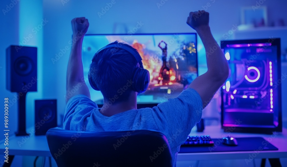 A young man is playing fighting games on his gaming computer, wearing headphones and celebrating victory with his fist raised