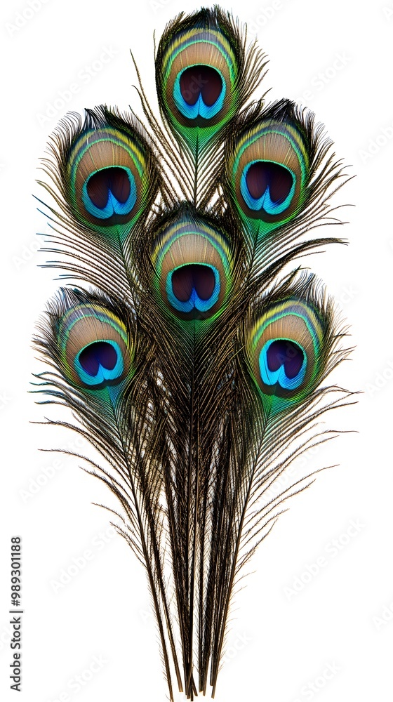 Obraz premium Peacock Feather on White Background, Abstract Image, Texture, Pattern Background, Wallpaper, Cover and Screen of Smartphone, PC, Laptop, 9:16 and 16:9 Format