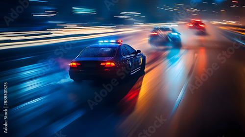 A police car in pursuit of a drifting car on a highway.