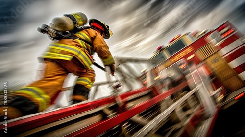 Firefighter in full gear slides down fire station pole, ready for action. Emergency response, bravery, and readiness in firefighting profession.