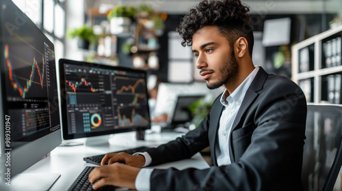 Focused businessman analyzing stock market data on dual monitors in modern office