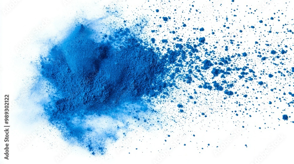 Bright blue powder scattered loosely with small particles, on white background Bright blue powder scattered loosely with small particles, on white background