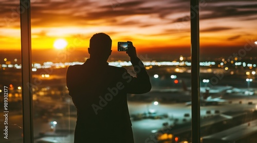 Silhouetted Man Capturing Sunset Over Cityscape photo