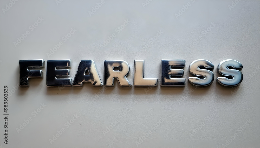 Obraz premium Fearless Word made of the material silver steel, isolated on white background;