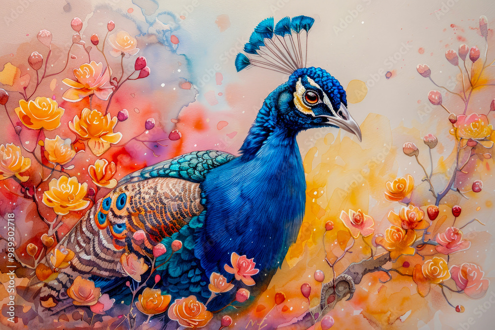 Fototapeta premium Peacock watercolor painting