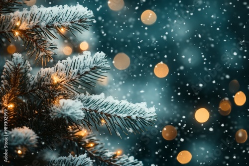 Christmas tree branches with white fluffy snow and bokeh lights on a blurred background.