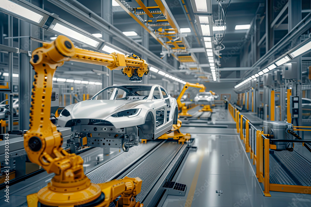 The car factory with robotic arms that work on assembling the cars The car factory with robotic arms that work on assembling the cars