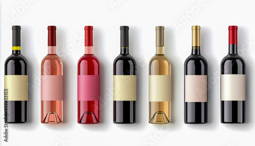 A set of wine bottles with different-colored labels, arranged in a row on a white background.