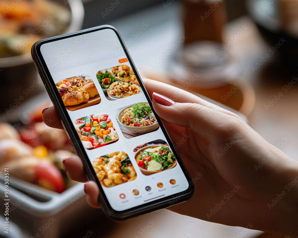 © Thongthawee - A food delivery app on a smartphone screen, showing a variety of menu options with an order being placed, symbolizing the ease of ordering from home, food delivery app, digital convenience
