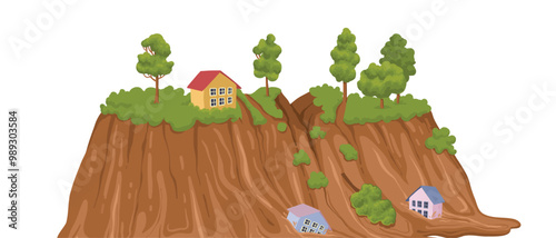 Cartoon mudflow, natural disaster. Landslide, mud stream with stones, washed away houses, mudflows extreme cataclysm disaster flat vector illustration on white background