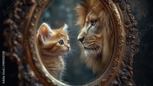 Feline Reflection: A Curious Kitten's Encounter with its Majestic Lion Counterpart in an Ornate Mirror