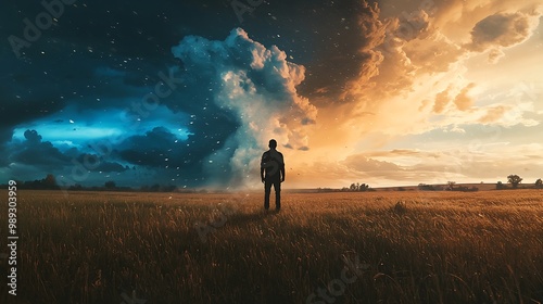 Inner Turmoil - Lonely Traveler Amidst Stormy Wasteland and Serene Countryside with Clear Sky, Concept of Struggle and Tranquility.