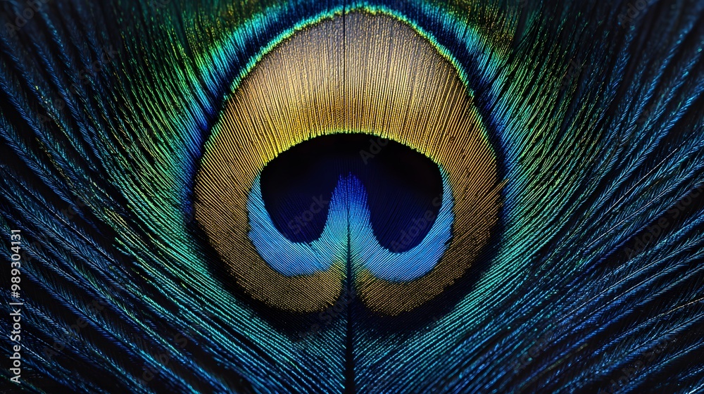 Obraz premium Peacock Feather Close-up, Abstract Image, Texture, Pattern Background, Wallpaper, Cover and Screen of Smartphone, PC, Laptop, 9:16 and 16:9 Format