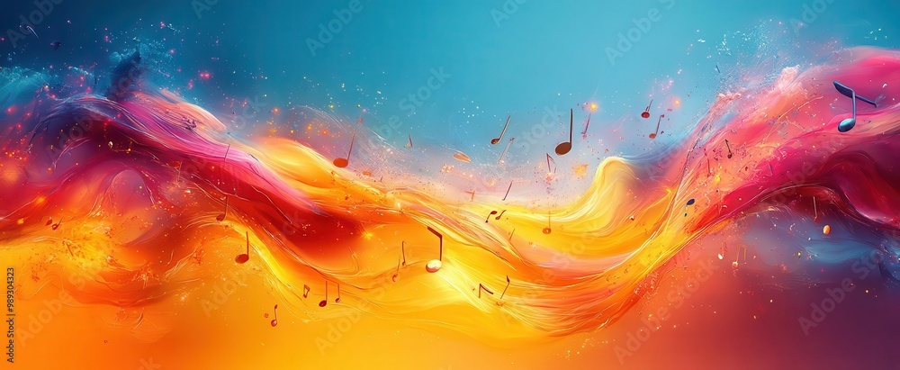 vibrant musical notes composition abstract swirling patterns rainbow color palette dynamic movement digital art illustration style vibrant musical notes composition abstract swirling patterns rainbow color palette dynamic movement digital art illustration style