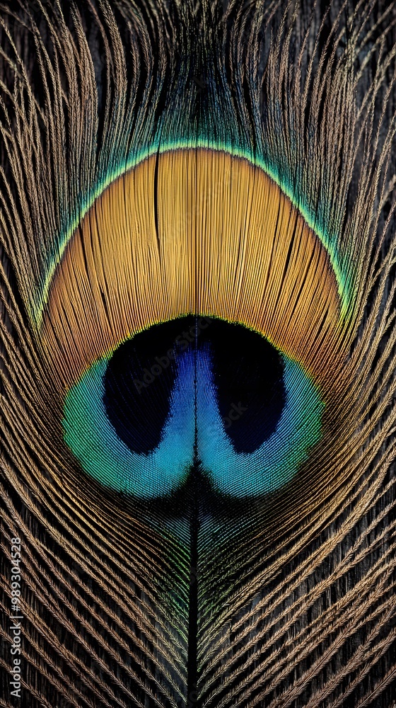 Obraz premium Peacock Feather Close-up, Abstract Image, Texture, Pattern Background, Wallpaper, Cover and Screen of Smartphone, PC, Laptop, 9:16 and 16:9 Format