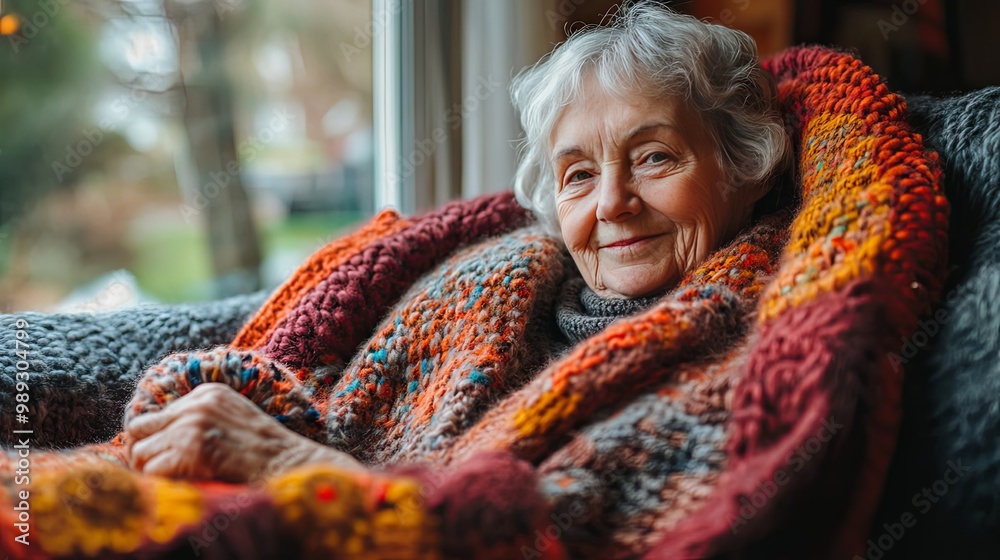 An elderly woman knitting a cozy blanket An elderly woman knitting a cozy blanket