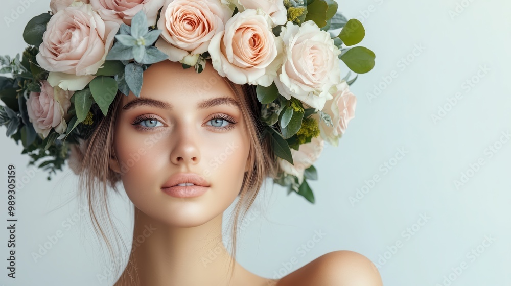 A serene woman wearing a beautiful flower crown, symbolizing nature and grace, captured in a dreamy and elegant photographic style. A serene woman wearing a beautiful flower crown, symbolizing nature and grace, captured in a dreamy and elegant photographic style.