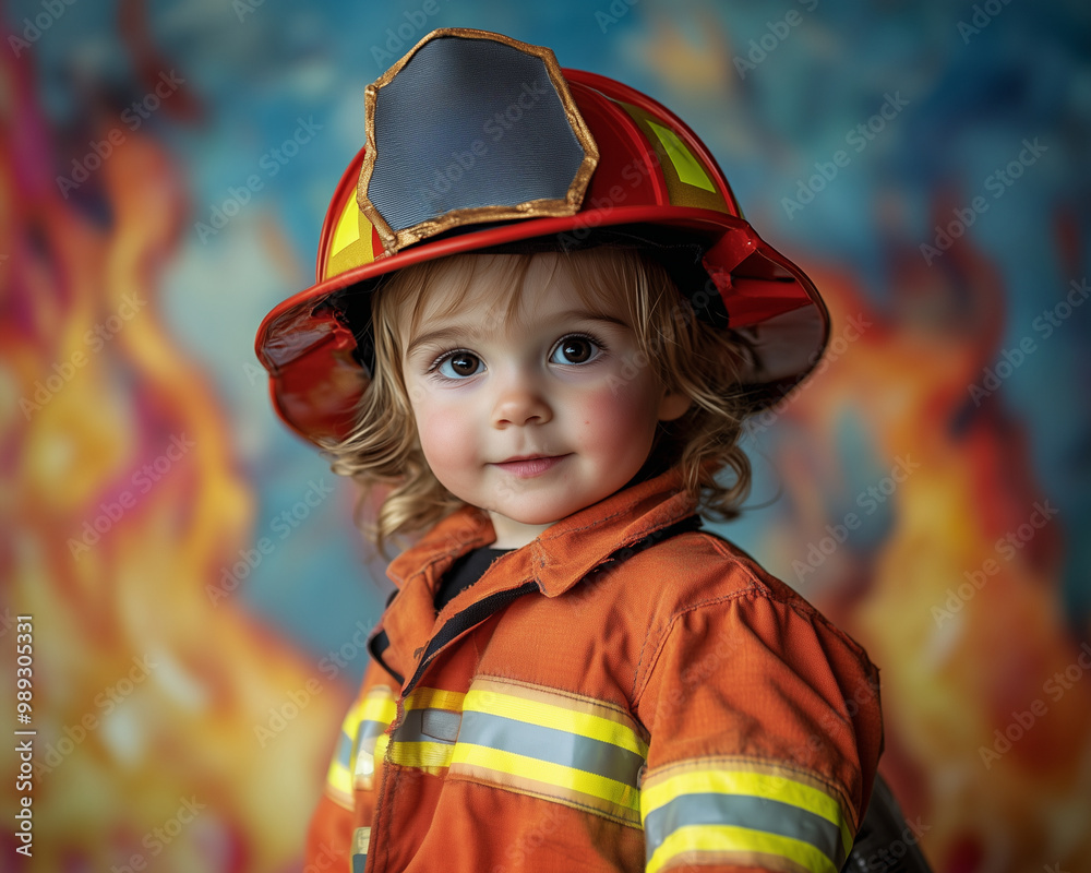 A young child dressed as a firefighter, showcasing bravery and innocence against a vibrant backdrop of flames. A young child dressed as a firefighter, showcasing bravery and innocence against a vibrant backdrop of flames.