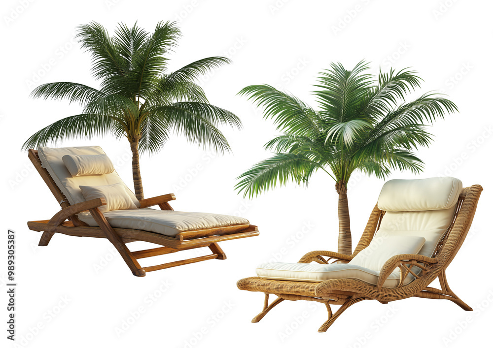 A beach chair with a palm tree behind it, set against a plain PNG background