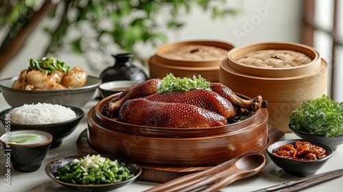 Authentic Peking duck served on a wooden table with traditional utensils photo