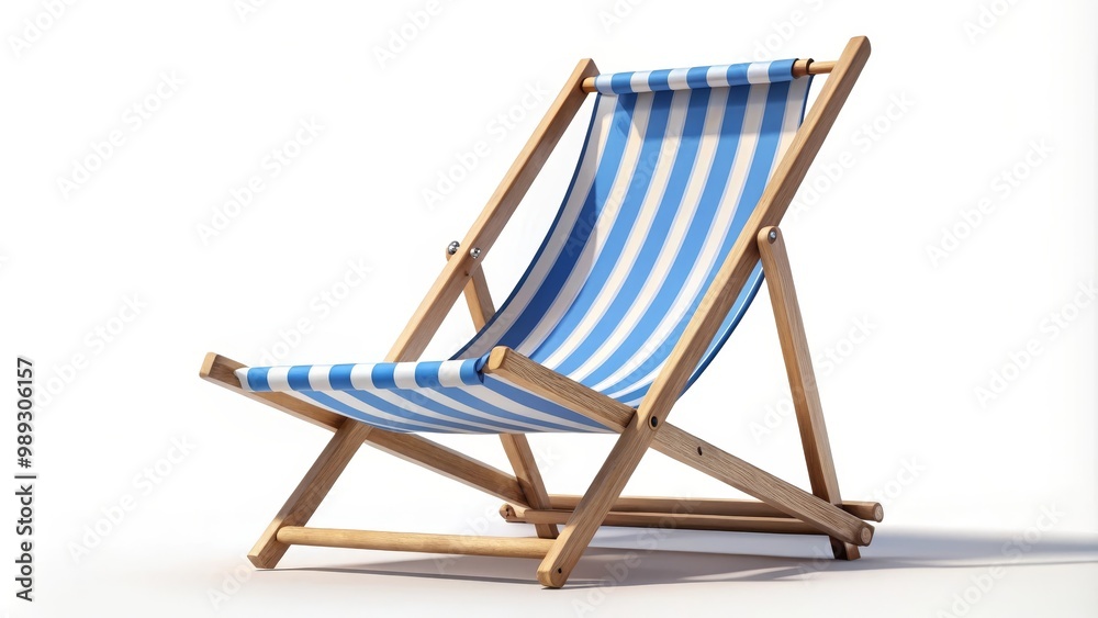 Wooden deckchair with blue and white striped canvas standing on white background Wooden deckchair with blue and white striped canvas standing on white background