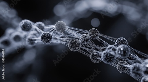 A detailed abstract image showcasing a network of black spheres connected by transparent wires, illustrating the complexities of connections and interactions. photo