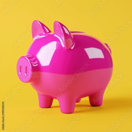 A shiny and modern pink piggy bank stands out against a bright yellow background, symbolizing savings, financial security, and cheerful money management. photo