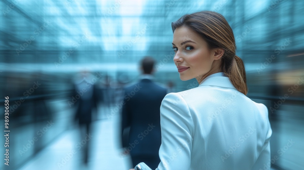 Businesswoman on white suit in fast pacing corporate environment. Symbolic of fast change in business. Businesswoman on white suit in fast pacing corporate environment. Symbolic of fast change in business.