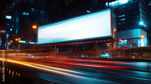 Illuminated blank billboard with copy space for your text message or content, advertising mock up banner of bus station, public information board with blurred vehicles in high speed in night city