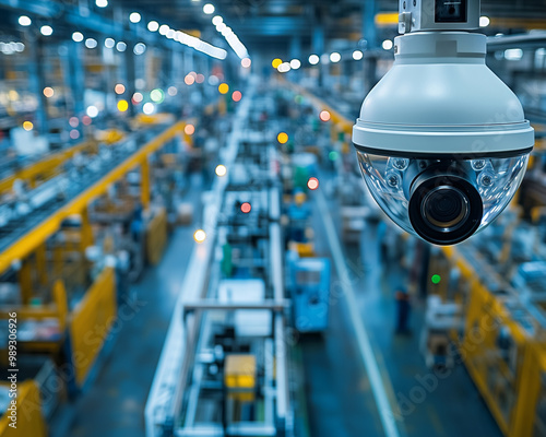 Surveillance camera monitoring a modern factory environment, ensuring safety and efficiency in production processes.