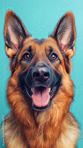 Close-up of a happy German Shepherd dog with a blue background