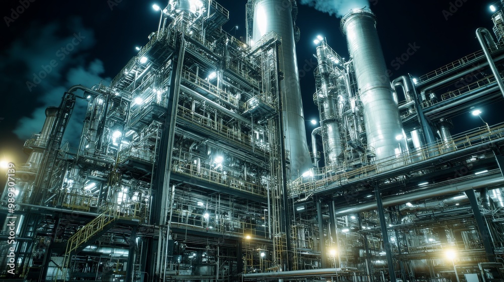 Illuminated Industrial Power Plant at Night Illuminated Industrial Power Plant at Night