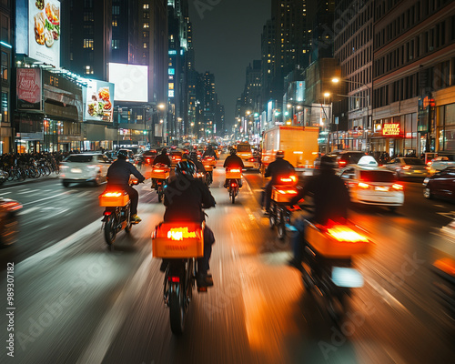 A bustling city scene at night featuring delivery riders on motorcycles navigating through busy streets filled with traffic.
