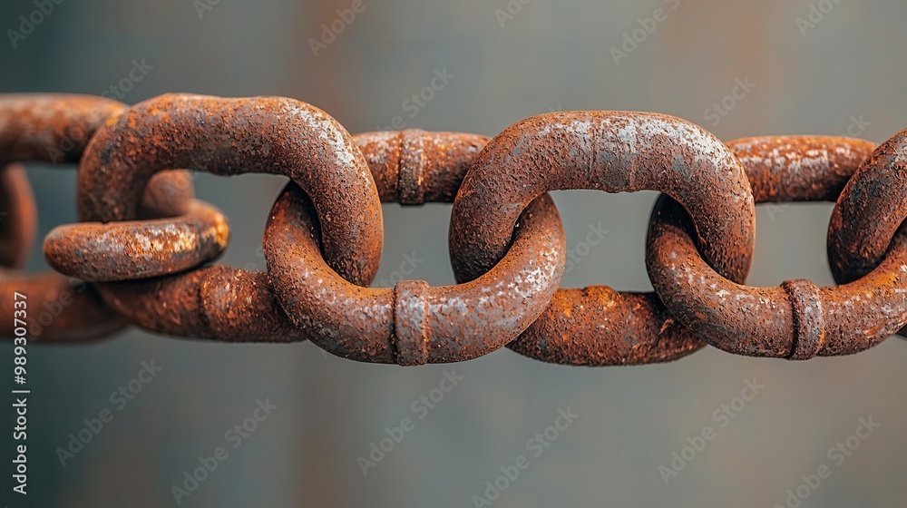 Heavy rusted chains hanging in an old factory workshop, Industrial decay, Neglect and wear Heavy rusted chains hanging in an old factory workshop, Industrial decay, Neglect and wear
