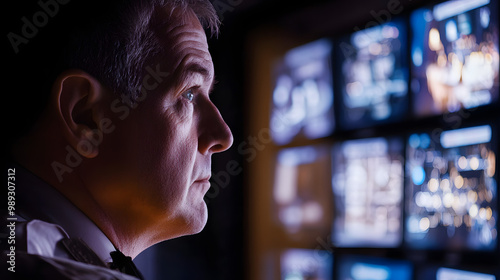 A police officer monitoring surveillance screens in a darkened room. photo